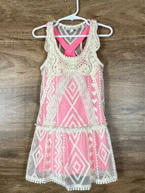 Hannah Banana Girls Dress Size 5 Pink Lace Overlay Boho Racerback Sleeveless